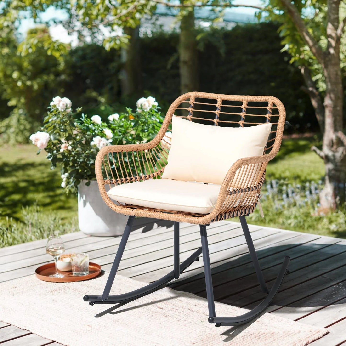 JOIVI Patio Wicker Rocking Chairs Set of 2, Outdoor Rattan Rocking Chairs with Pillows and Cushions, Front Porch Rocker with Iron Frame for Outside Lawn Garden Indoor Balcony, White