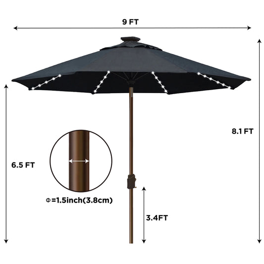 EliteShade Sunbrella Solar Umbrellas 9ft Market Umbrella with 80 LED Lights Patio Umbrellas Outdoor Table Umbrella with Ventilation and 5 Years Non-Fading Top,Coal