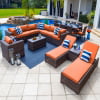 Tuscany 21-Piece Resin Wicker Outdoor Patio Furniture Combination Set with Sectional Set, Eight-seat Dining Set, and Chaise Lounge Set (Half-Round Brown Wicker, Polyester Light Gray)