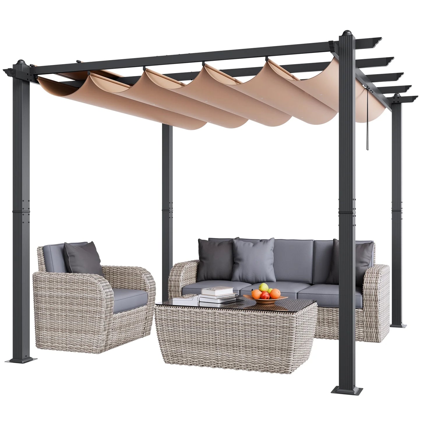 KFFKFF 10'x10' Aluminum Patio Pergola, Retractable Sun Shade Canopy, Ideal for Outdoor Gardens, Decks, and Backyards - Beige