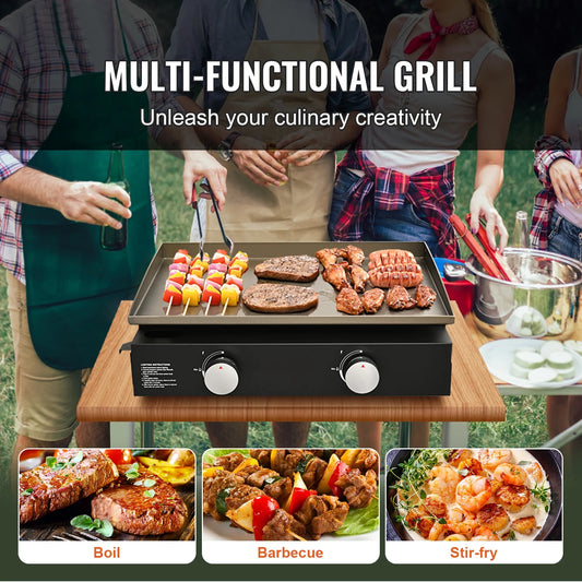 KFFKFF 22.4" Tabletop Gas Griddle, 2-Burner Outdoor Flat Top Grill Griddle with Non-Adhesive Cooking Plate, for Camping, Tailgating, Bbq, Parties, Backyard & Patio