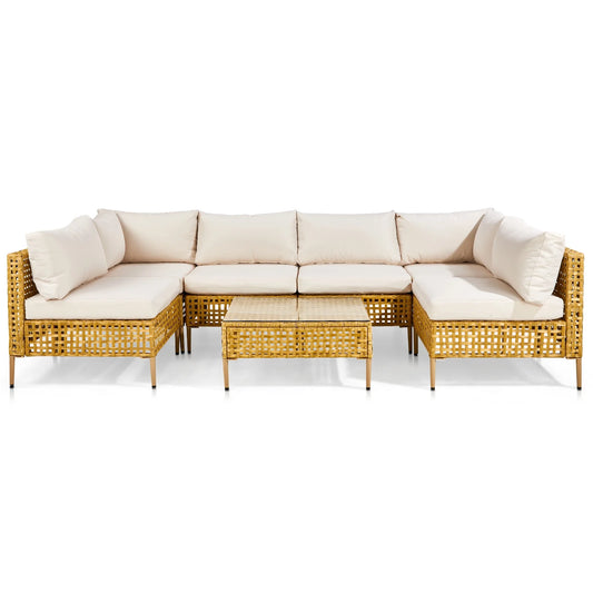 Ktaxon 7-Piece Wicker Patio Furniture Set, Patio Furniture Set with Water Resistant Thick Cushions and Coffee Table, Beige