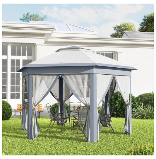 SAZYY 13'x13' Pop Up Gazebo Hexagonal Canopy Shelter with 6 Zippered Mesh Netting for Patio Backyard Garden Wedding Party