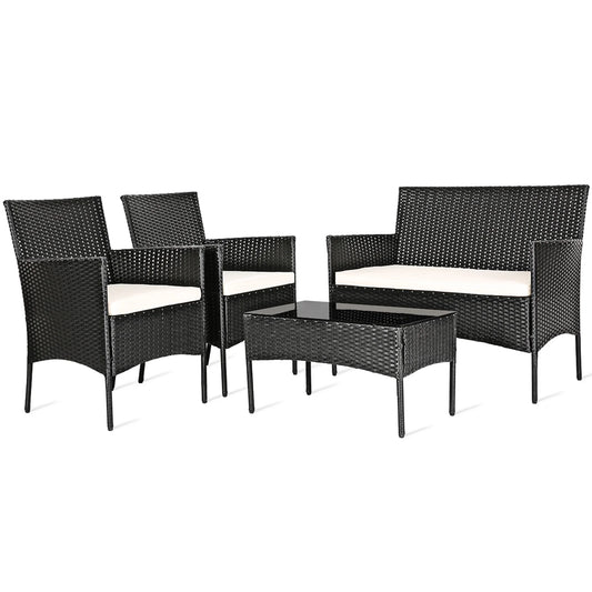Gymax 4PCS Patio Rattan Conversation Set Outdoor Furniture Set w/Cushion