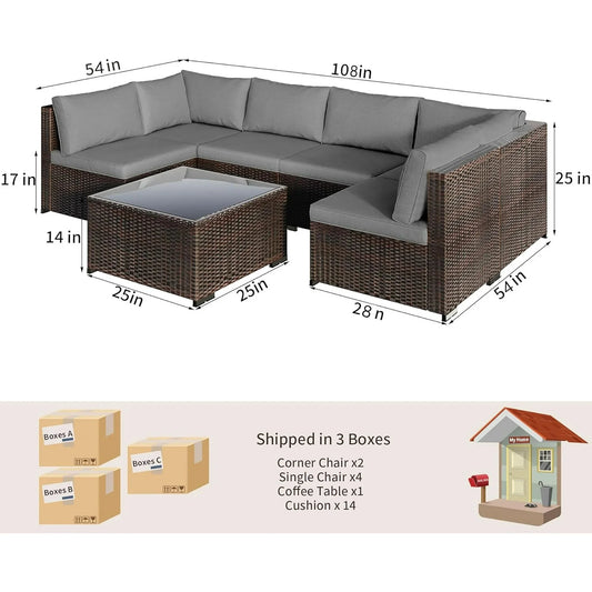 7 Pieces Outdoor Patio Furniture Set, Lofka PE Rattan Sectional Sofa with Tempered Glass Coffee Table & All-Weather Cushions, Patio Conversation Set for Garden, Poolside (Grey)