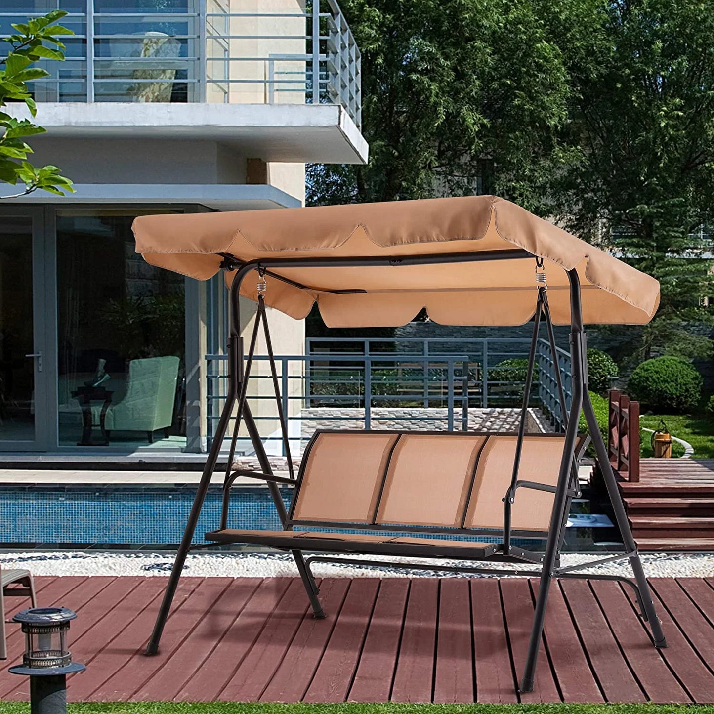 Mcombo Outdoor 3 Person Patio Canopy Swing Chair, Porch Swing, Burgundy