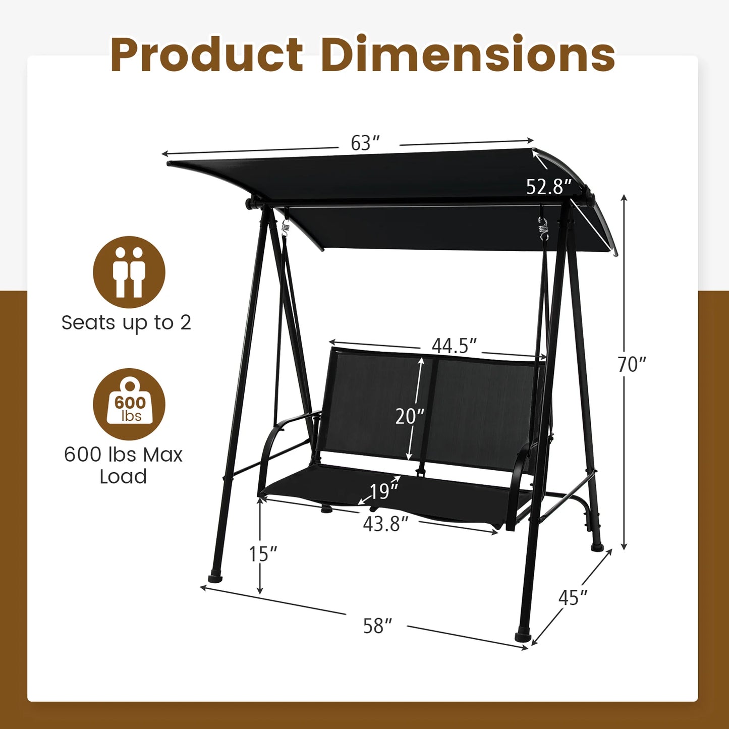 Gymax 2-Person Patio Swing Seat Swing Bench Canopy Swing Loveseat Outdoor Dark Brown