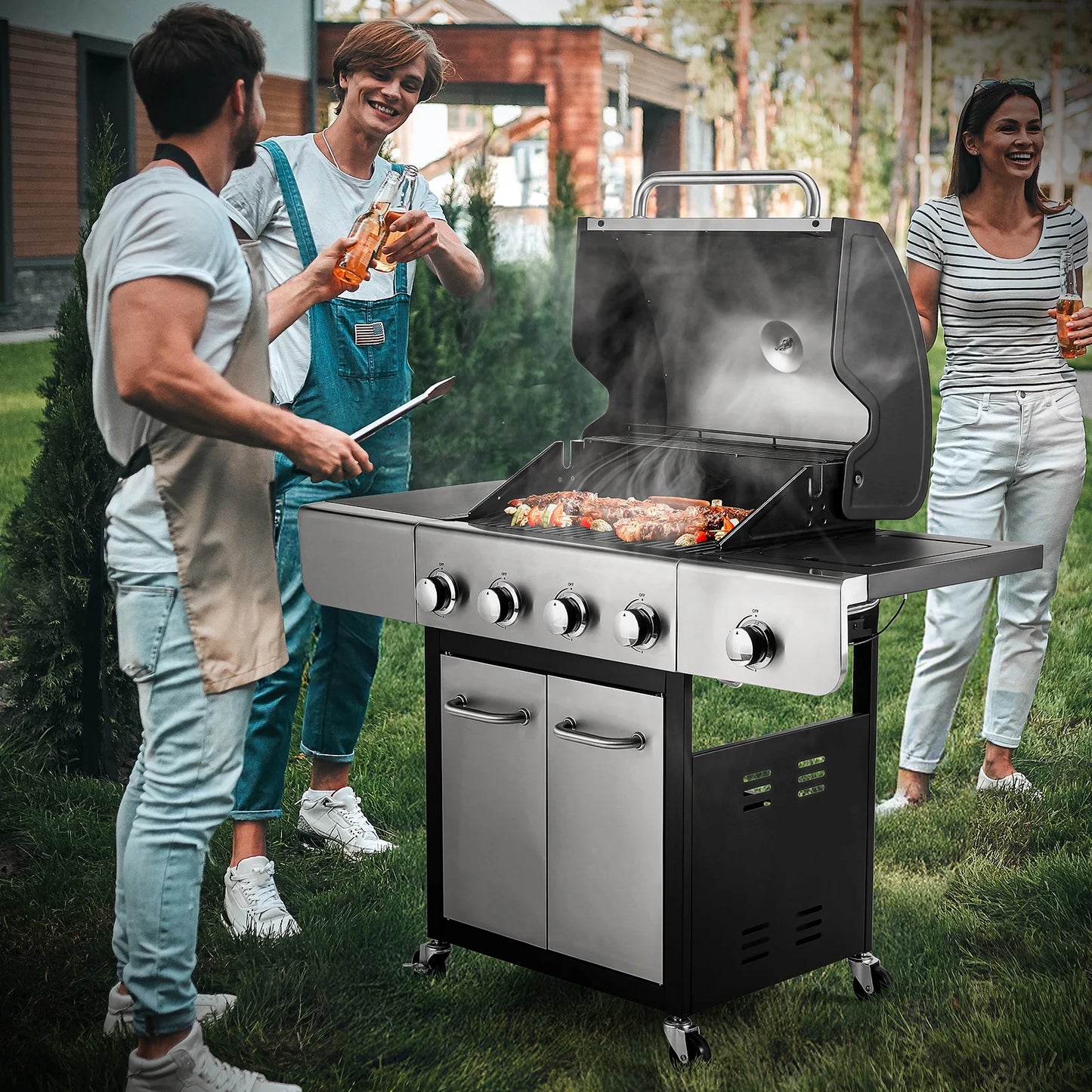 Pirecart 4 Burner Propane Gas Grill Stainless Steel BBQ Grill with 12,000 BTU Side Burner for Outdoor Cooking Kitchen and Patio Backyard Barbecue