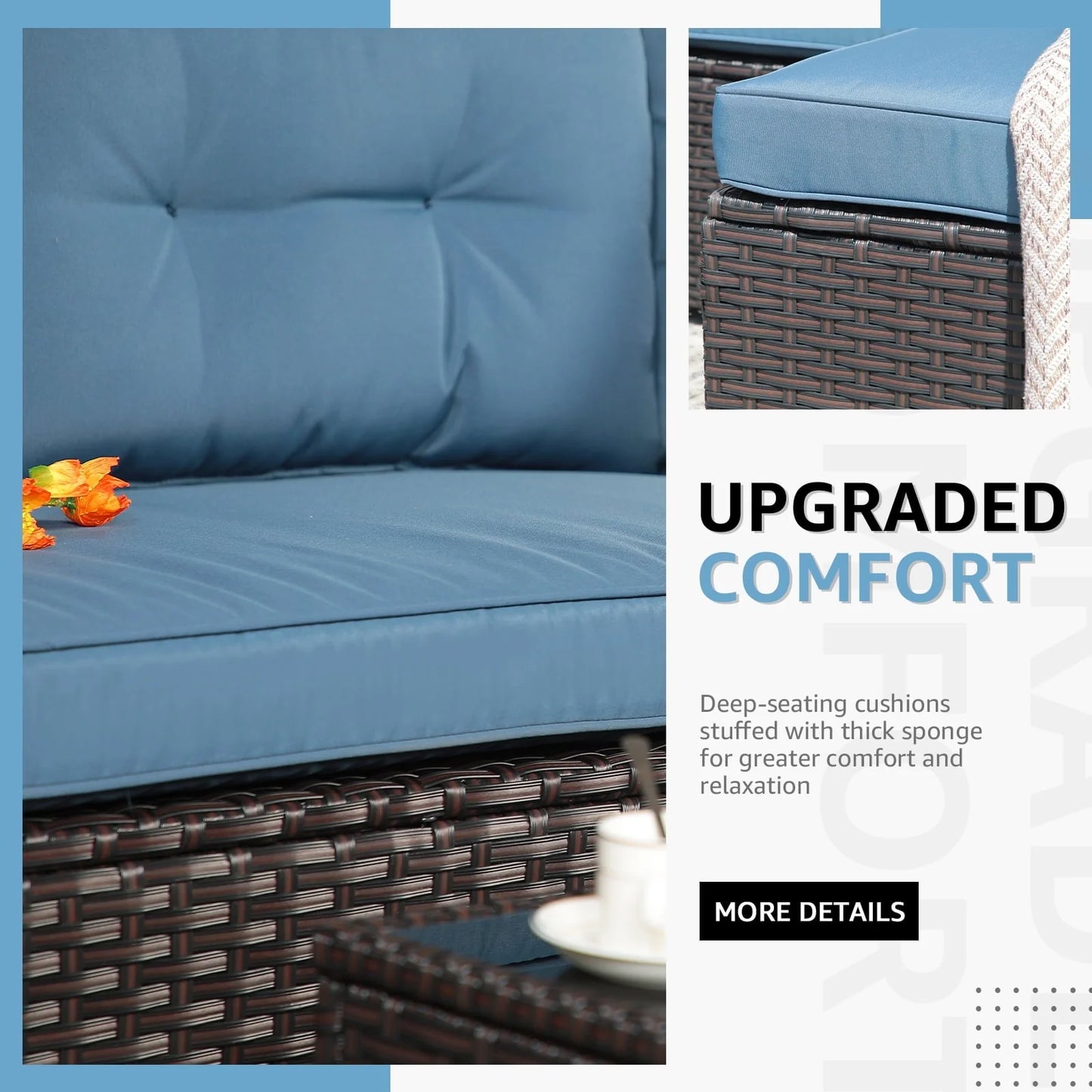 OC Orange-Casual 5-Piece Patio Furniture Set, Outdoor Sectional Sofa, Coffee Table, Dark Brown Rattan & Aegean Blue Cushion