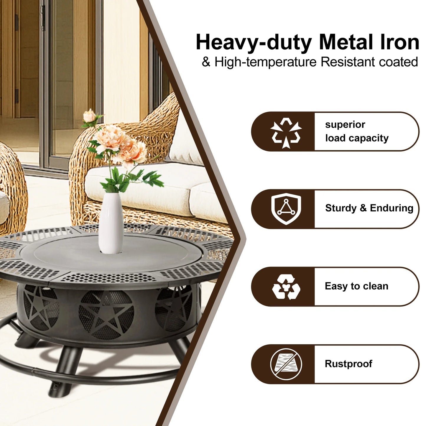 MistMo 36 inch Round Fire Pit with Grills, Wood Burning Fire Pits with Metal Lid for Outside Bonfire Outdoor Patio and Party
