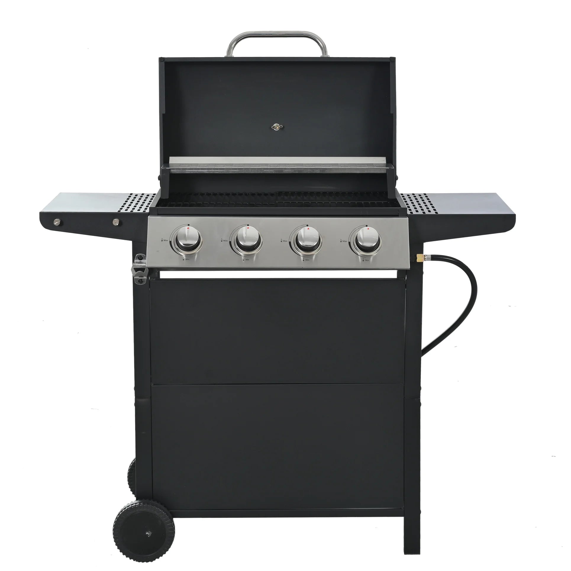 4 Burner Propane Gas Grill with 34,000 BTU Powerful Heat, Stainless Steel Grill with Double Shelves, for Patio, Garden, Black