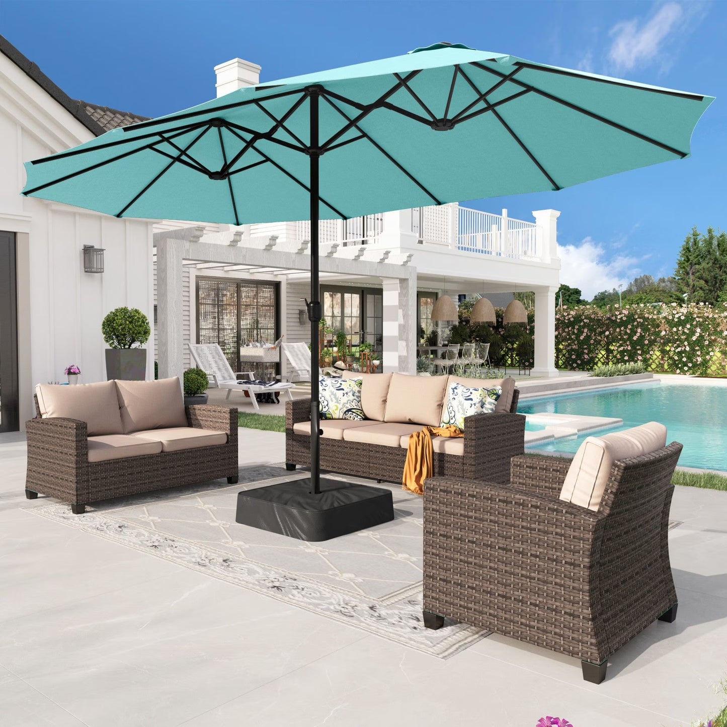 Alpha Joy 15ft Outdoor Patio Umbrella Extra-Large Double-Sided Garden Umbrella with Crank Handle and Base - Smoky Gray