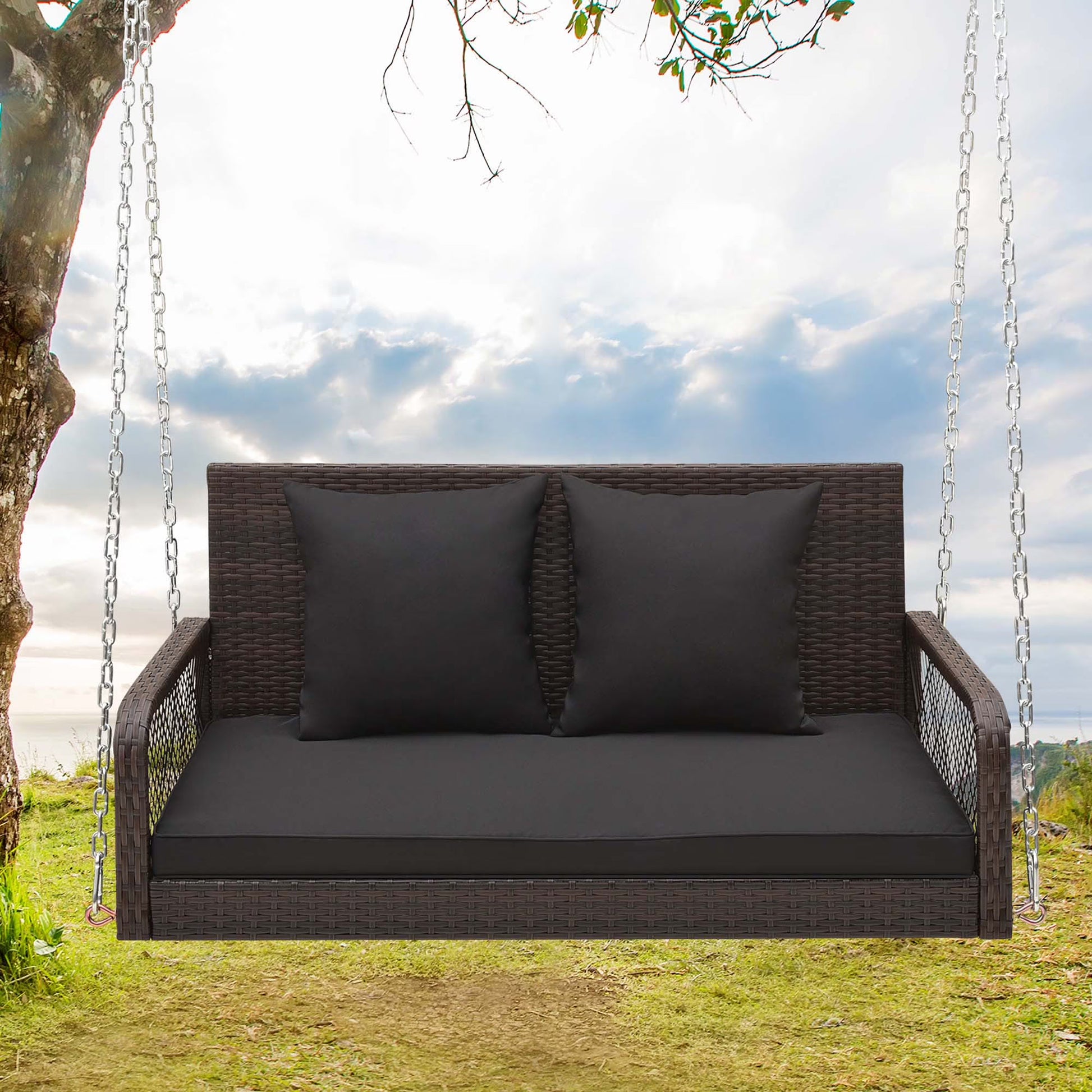 Costway Patio Wicker Porch Swing 2-Person Hanging Loveseat Bench Chair with Cushions Beige