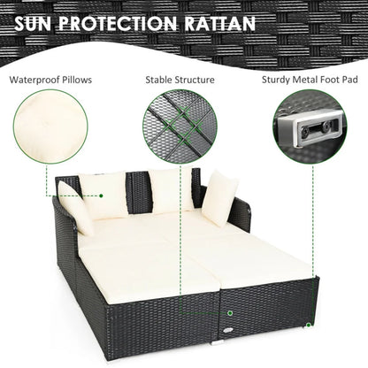 Resenkos Outdoor Patio Rattan Wicker Daybed Sectional Conversation Double Chaise Lounge, White Resistant Cushions