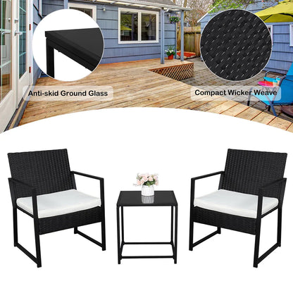 Seizeen Outdoor Furniture Set, 3 PCS Rattan Conversation Set for 2, Cushioned Patio Sofa Set W/2 Arm Chairs & 1 Table for Garden Pool Porch Deck