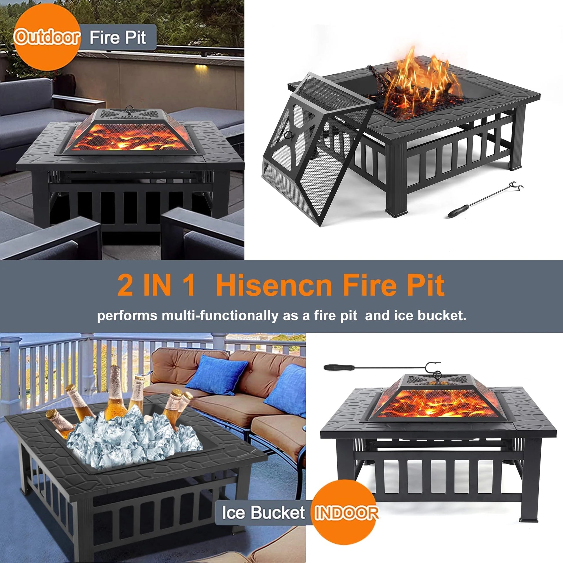 SEGMART Outdoor Fire Pit, 32" Square Metal Fire Pit Table, Stove Wood Burning Fire Pit Bowl, Spark Screen & Log Poker, Ideal for Yard Patio Beach Picnic Bonfire