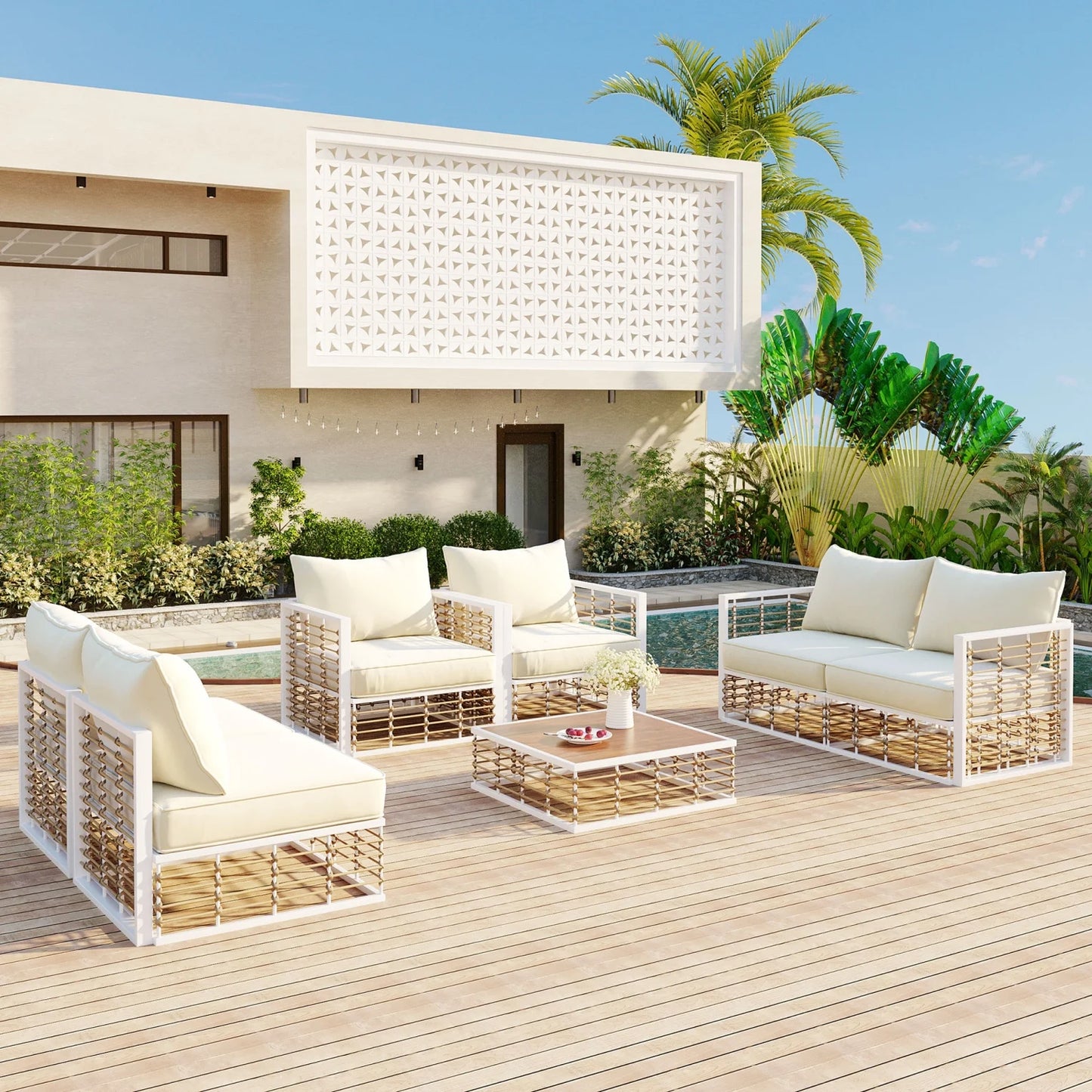 7 Pieces Metal Patio Sectional Furniture Set , Modern Minimalist Rattan Sofa Set with Thick Cushions and Coffee Table, All Weather Outdoor Patio Conversation Sets for Garden, Poolside, Backyard, Gray