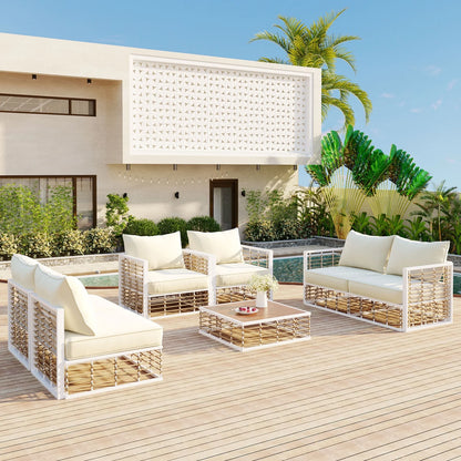 7 Pieces Metal Patio Sectional Furniture Set , Modern Minimalist Rattan Sofa Set with Thick Cushions and Coffee Table, All Weather Outdoor Patio Conversation Sets for Garden, Poolside, Backyard, Gray