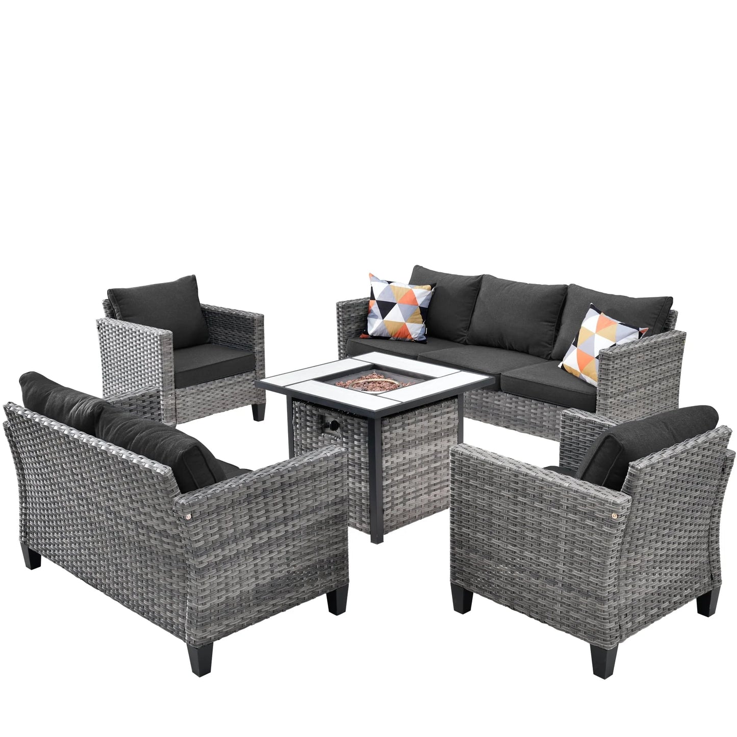 Ovios 5 Pieces Outdoor Patio Furniture with 30 Inch Fire Pit Table Wicker Patio Sectional Sofa with Single Chairs for Backyard Decor