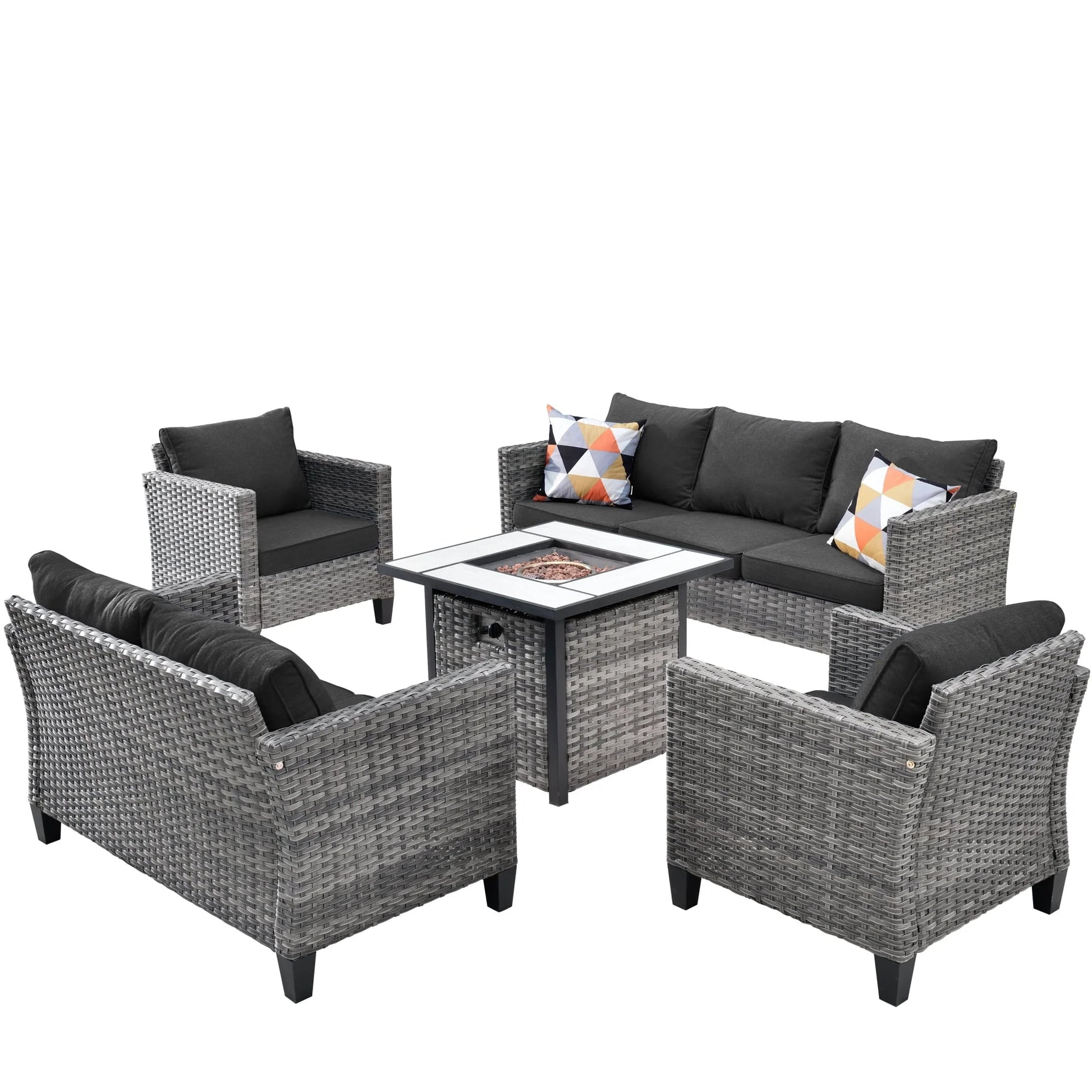 Ovios 5 Pieces Outdoor Patio Furniture with 30 Inch Fire Pit Table Wicker Patio Sectional Sofa with Single Chairs for Backyard Decor