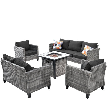 Ovios 5 Pieces Outdoor Patio Furniture with 30 Inch Fire Pit Table Wicker Patio Sectional Sofa with Single Chairs for Backyard Decor