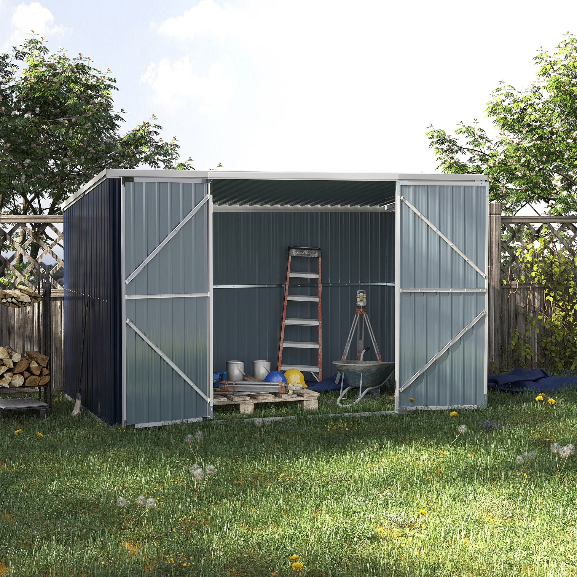 Outsunny 4.6' x 9' Metal Outdoor Storage Shed, Garden Utility Tool House with Double Lockable Doors for Backyard, Patio, Lawn, Garage, White