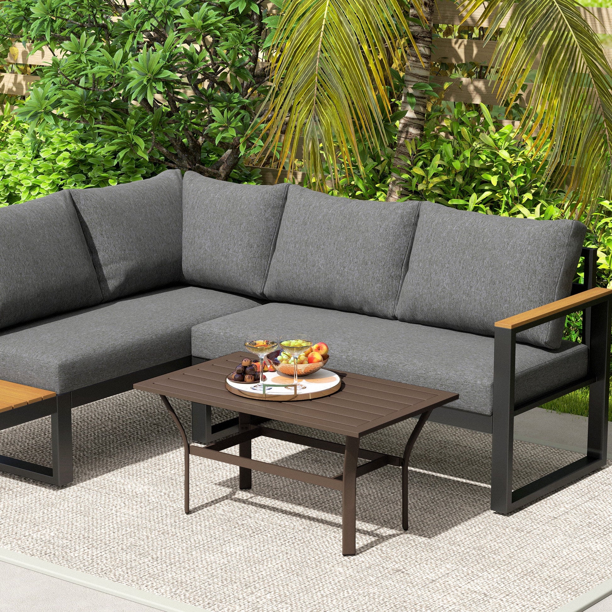Outsunny Outdoor Coffee Table, All-Weather Rectangle Patio Coffee Table with Slatted Tabletop for Outside, Patio, Brown