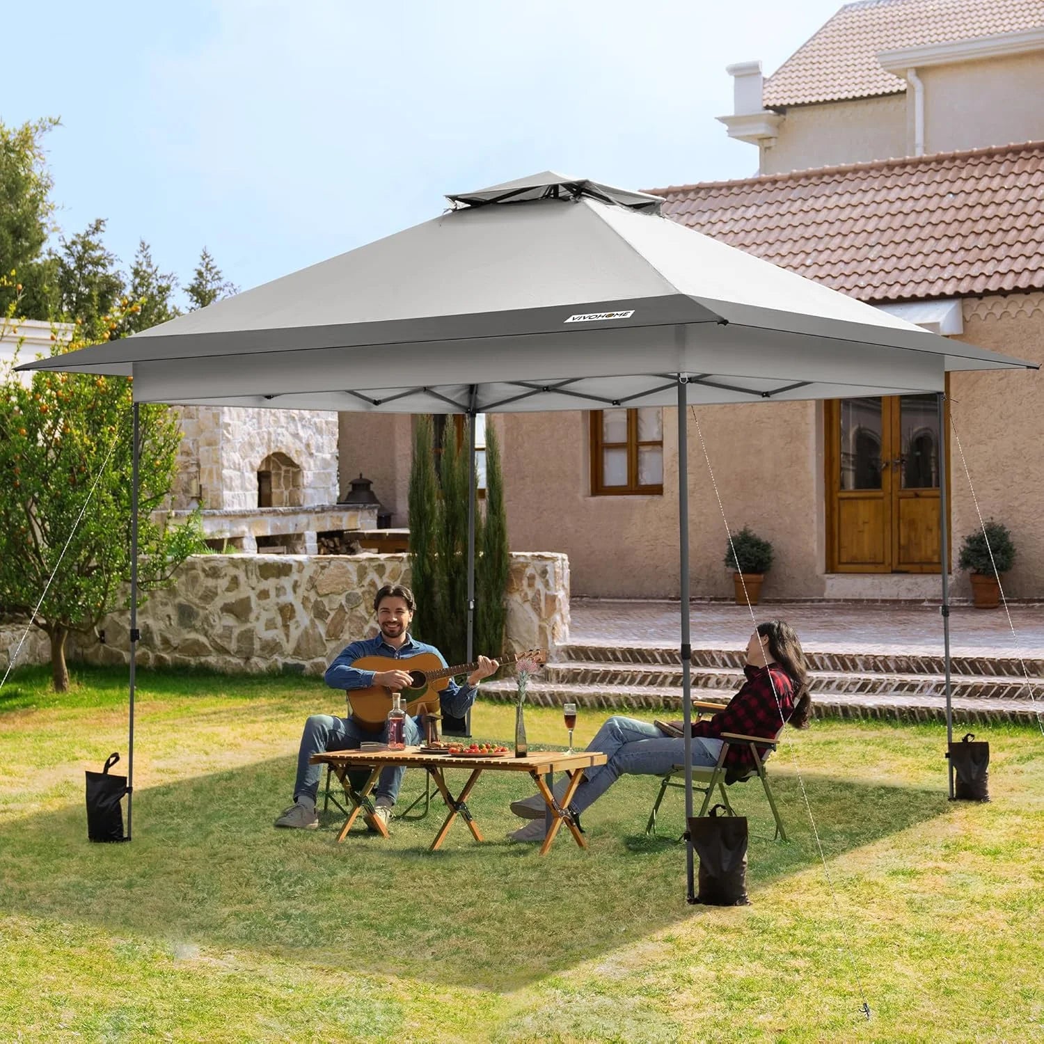 SPECSTAR 10x10ft Pop Up Gazebo Tent One Push Setup Canopy Tent Heavy Duty with Wheel Carry Bag and 4 Sandbags, 2 Tiers Roof for Patio Garden Backyard, Beige