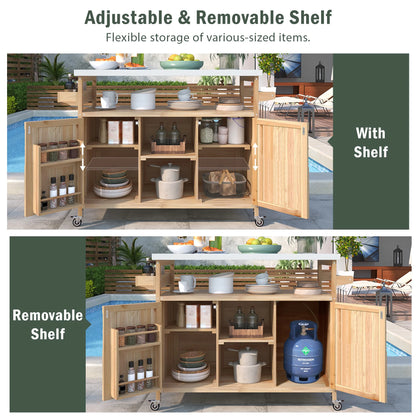 Bellemave Outdoor Serving Cart Kitchen Island Solid Wood Mobile Rolling Bar Cart with Lockable Wheels, Rack and Stainless Steel Top Beverage Storage Counter Table with Cabinet for Patio, Natural