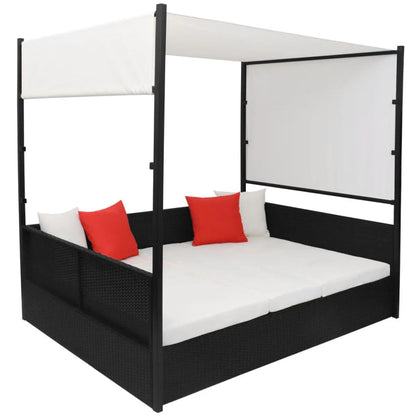 vidaXL Patio Bed Outdoor Patio Double Chaise Lounge with Canopy Poly Rattan