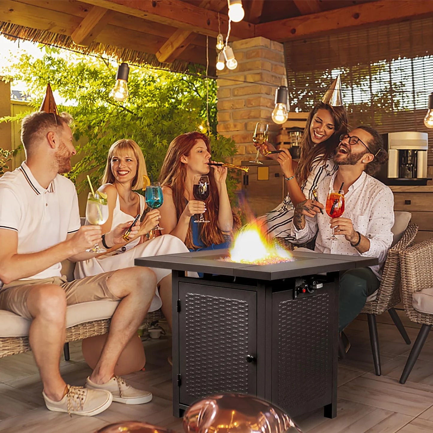 2-in-1 Propane Fire Pit Table, Outdoor Table with Fire Pit, 28 Inch 40,000 BTU Auto-Ignition Gas Fire Pit Table with Lid and Lava Rock, Square Fire Table for Yard Patio Garden