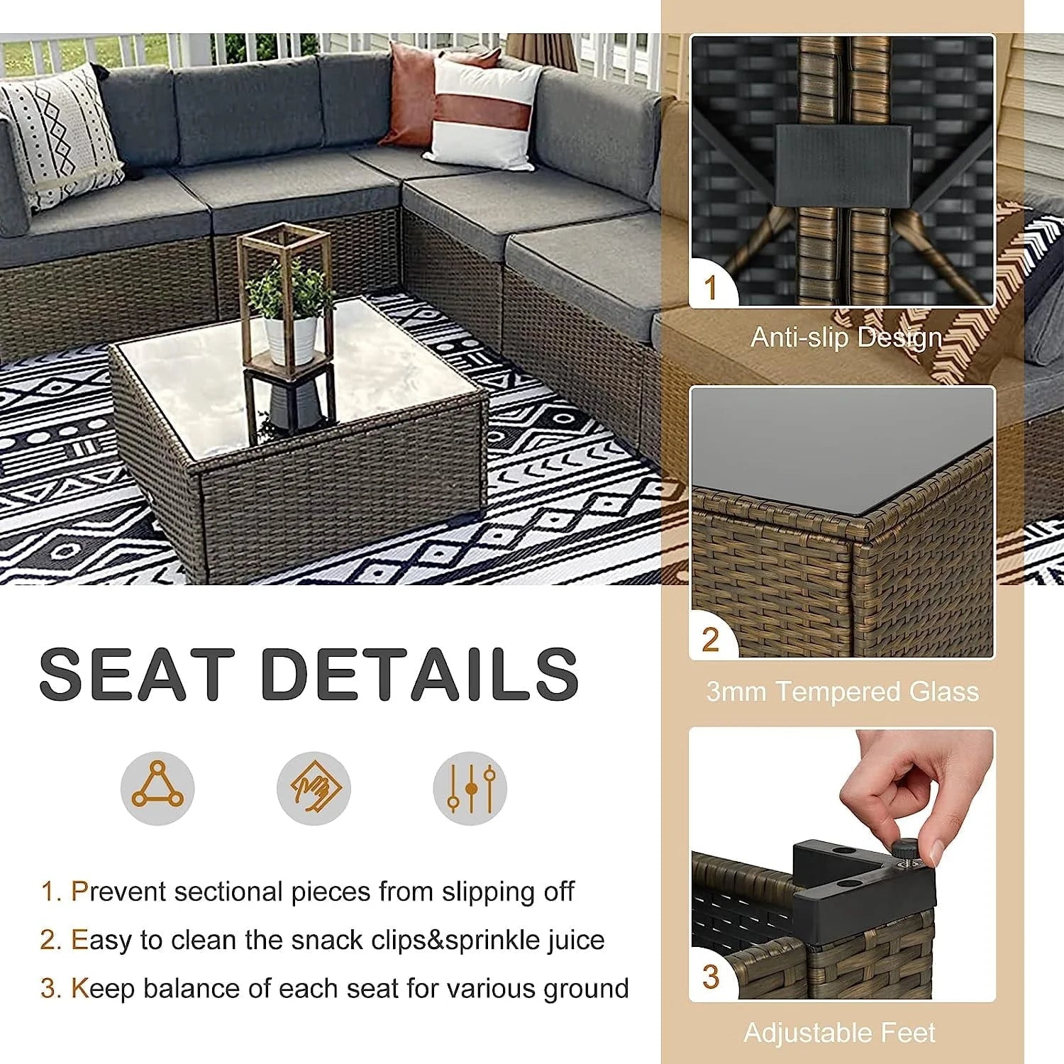 Kinbor 7pcs Outdoor Patio Furniture Set Wicker Sectional Sofa with Cushions, Gray