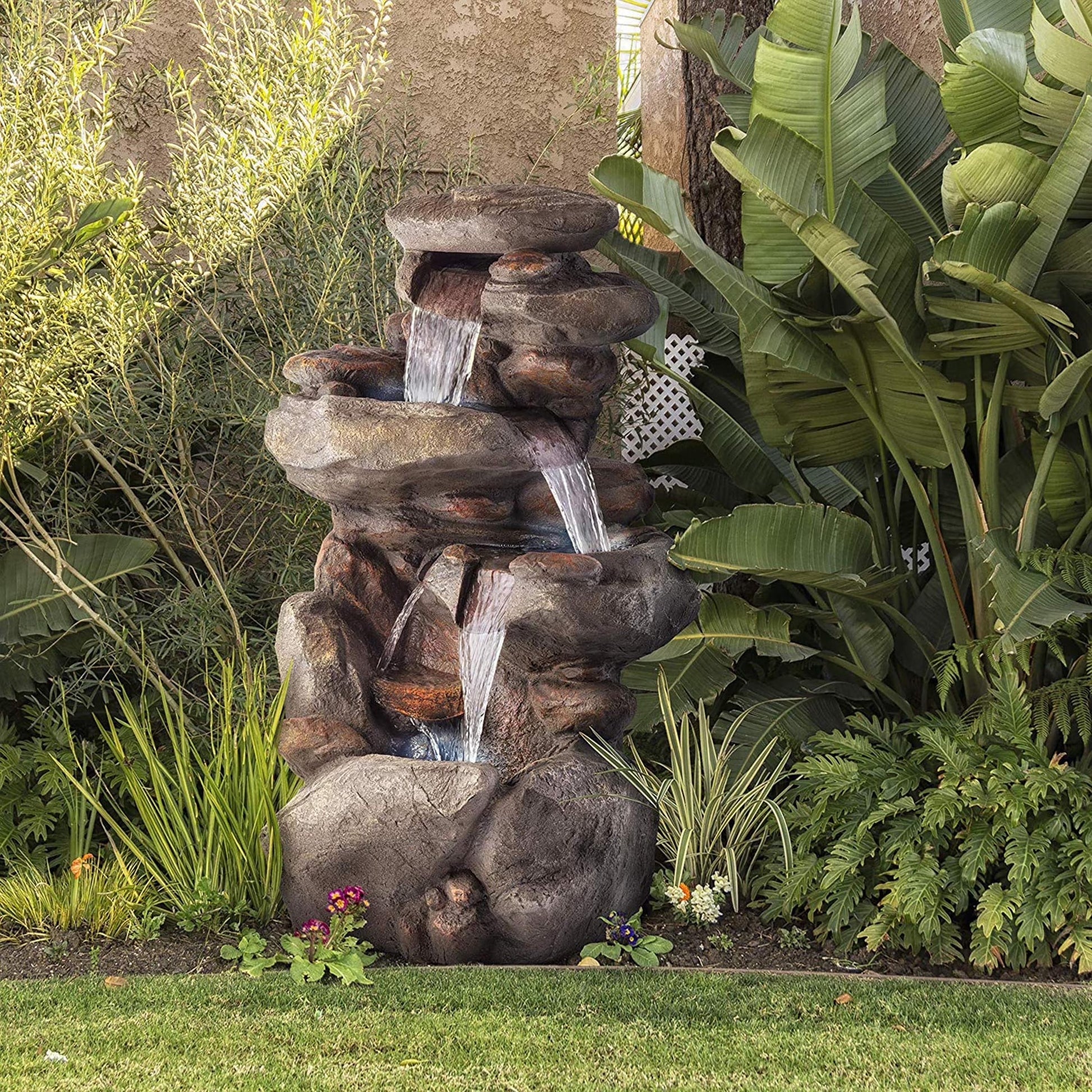Alpine Corporation WIN1184 40" Outdoor Floor 3-Tiered Rock Waterfall Fountain with LED Lights, Natural Stone Look - Cascading Water Feature for Gardens, Patios, Yards, and Outdoor Dcor, Gray