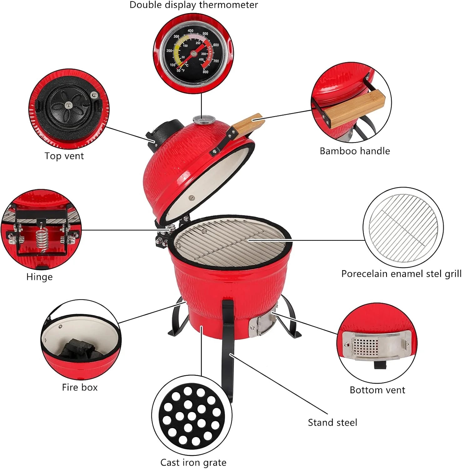VINGLI 13" Kamado Charcoal Grill Portable Barbecue Grill BBQ Kettle Stand Lid Perfect for Outdoor Camping Patio Backyard Picnic