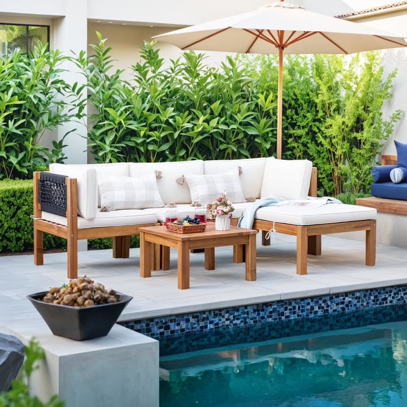 Patio prestige 7 Pieces Acacia Wood Patio Conversation Set Rope Woven Outdoor Sectional Sofa with Table and Cream Cushions