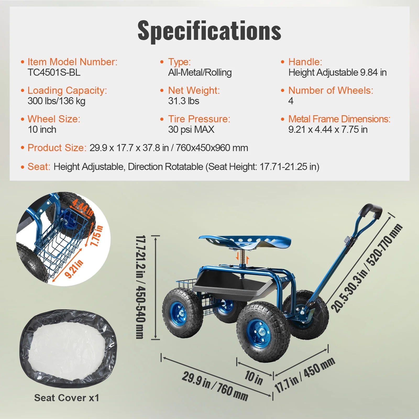 KFFKFF Outdoor Cart with Rotating Seat, Planting Stool on Wheels, Garden Trolley with Directional Handle and Handy Tool Tray, Ideal for Lawn, Patio, and Outside Areas, Blue