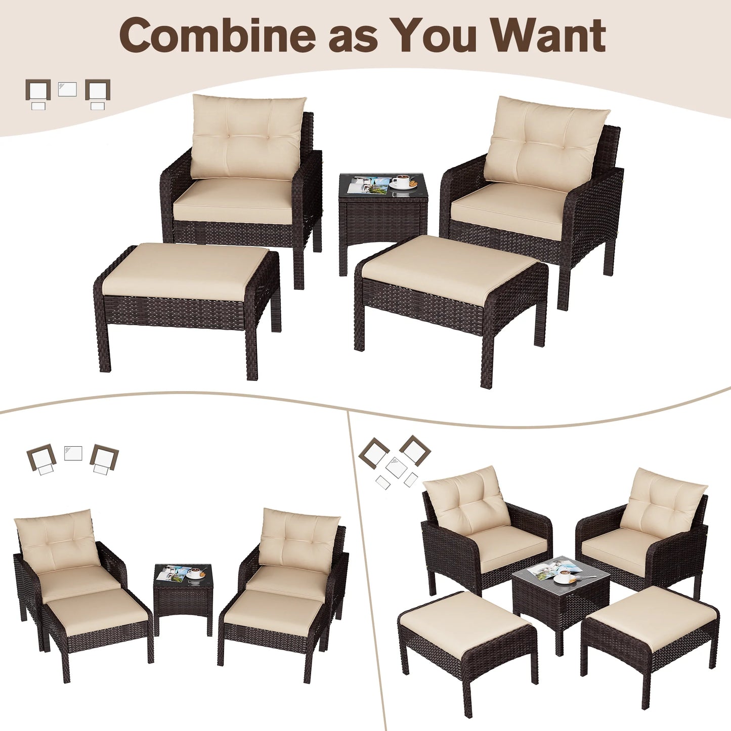 AECOJOY 5 Piece Patio Furniture Set Rattan Wicker Chair with Table Ottoman Patio Conversation Set for Porch in Beige