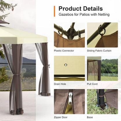 10'x10' Patio Gazebo Tent Outdoor Canopy Shelter w/Mosquito Netting & 2-Tiered Vented Top for Garden, Backyard Deck And Lawns