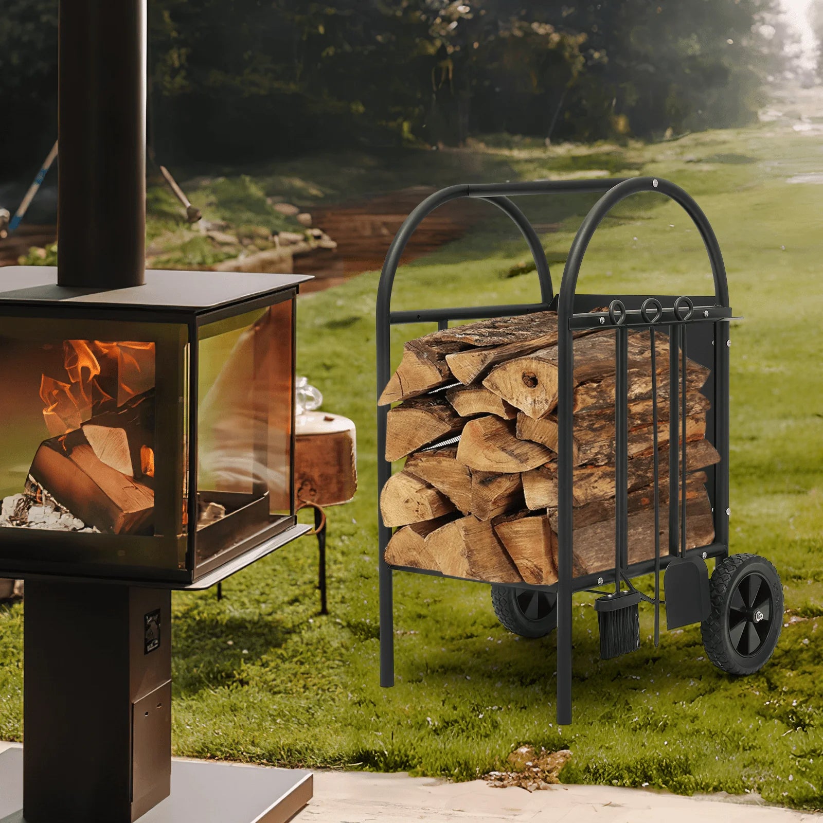 Magshion Firewood Rack Log Cart with Wheels & Tools Set, Fireplace Log Holder with Poker, Shovel & Broom for Indoor Outdoor Patio, Black