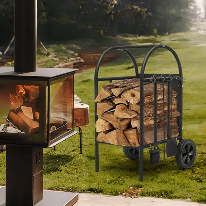 Magshion Firewood Rack Log Cart with Wheels & Tools Set, Fireplace Log Holder with Poker, Shovel & Broom for Indoor Outdoor Patio, Black