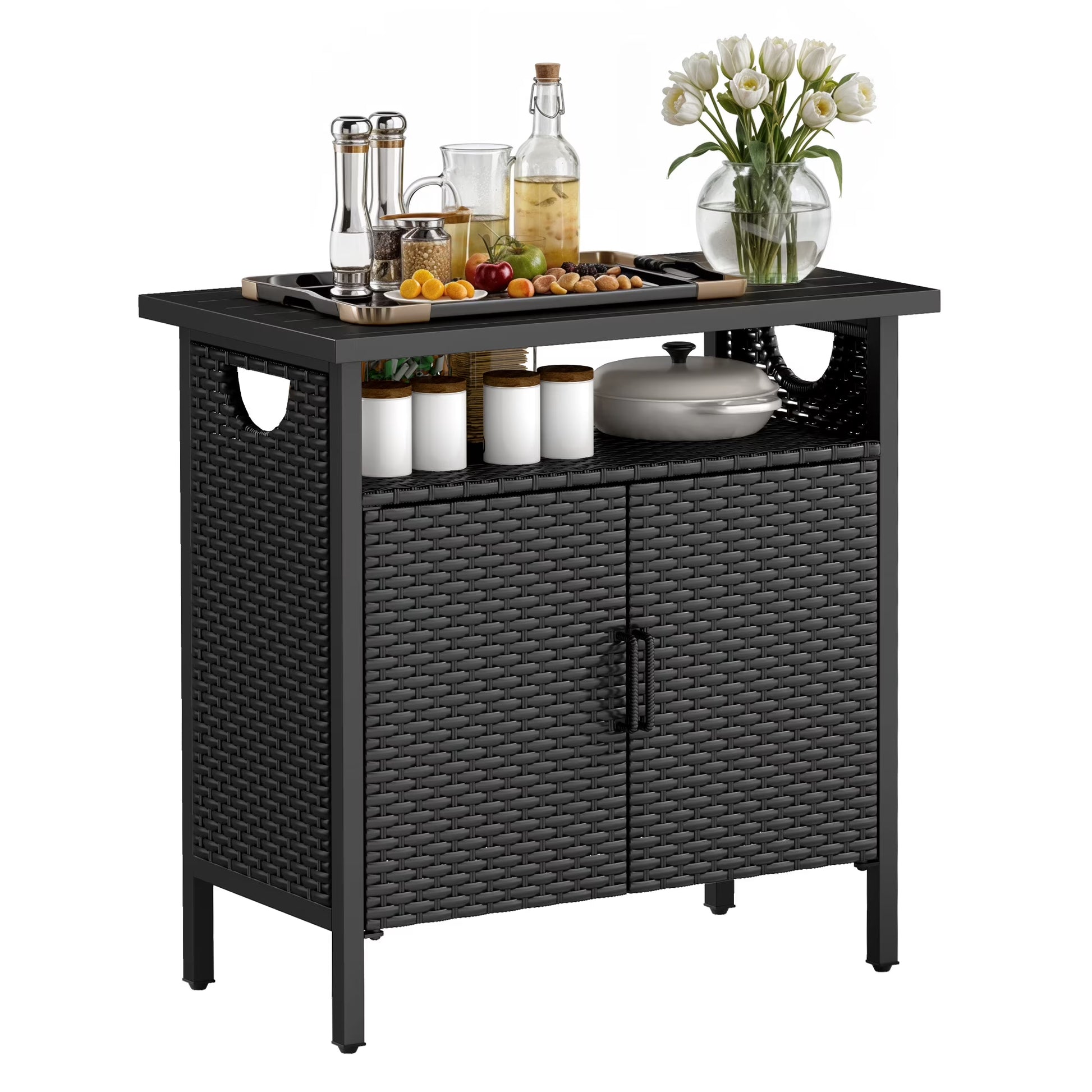 Dextrus Outdoor Patio Wicker Bar Counter Table, Wicker Storage Cabinet with with 2 Doors and Shelves, Wicker Bar Table,Deck Box - Brown