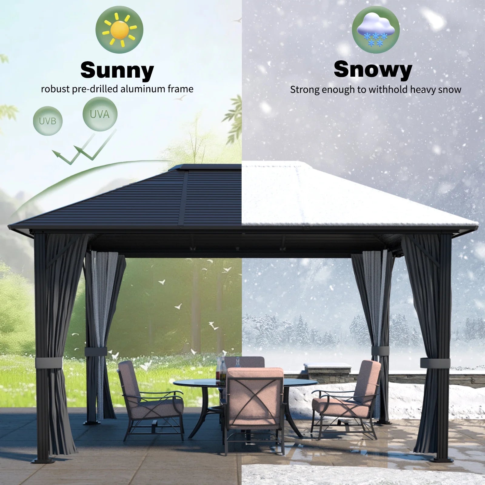 VEIKOUS 12'x10' Hardtop Gazebo, Outdoor Aluminum Gazebo Pergola w/Nettings and Curtains for Patio, Yard, Black