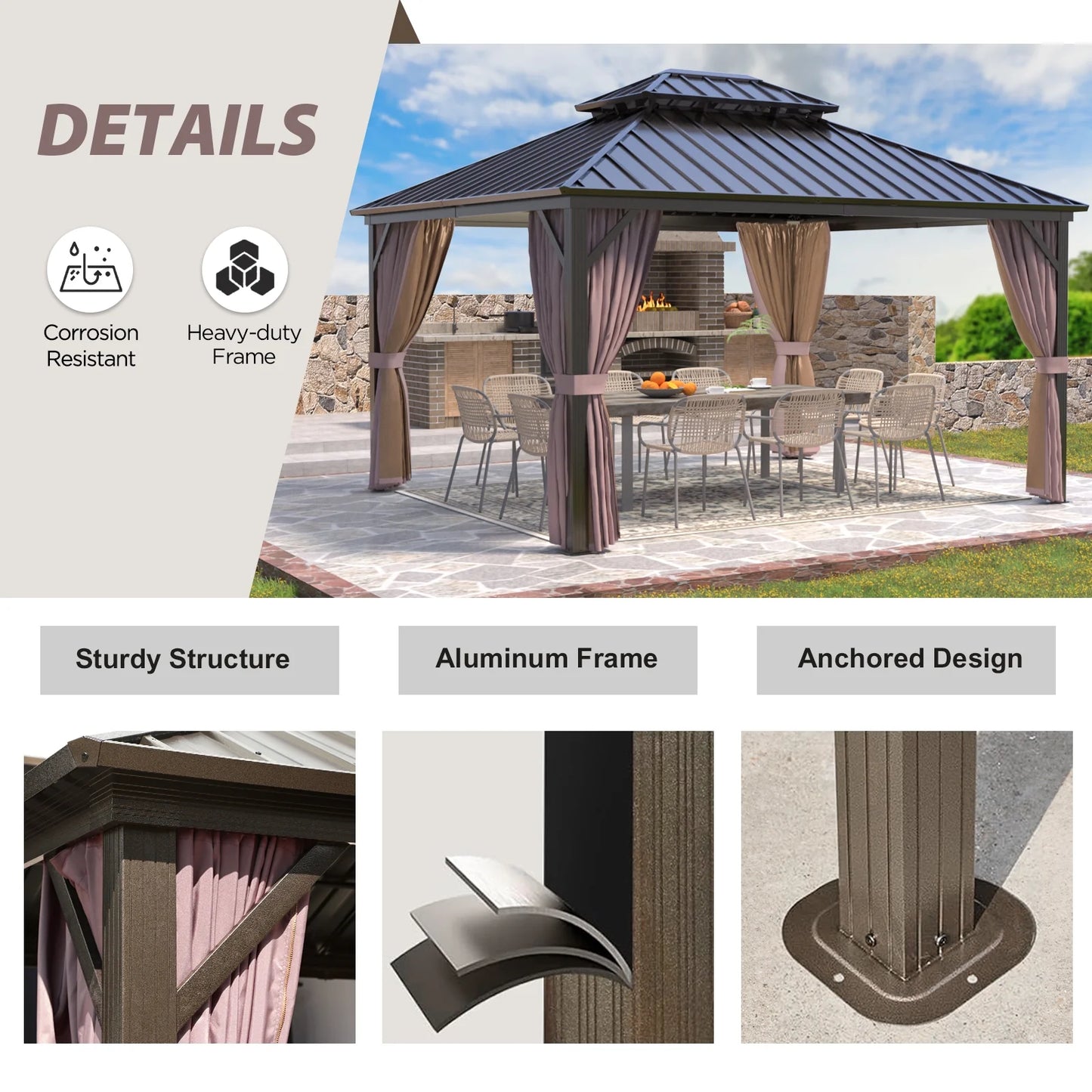 EAGLE PEAK 12x14 Outdoor Patio Hardtop Gazebo with Galvanized Steel Double Roof, Netting & Curtains