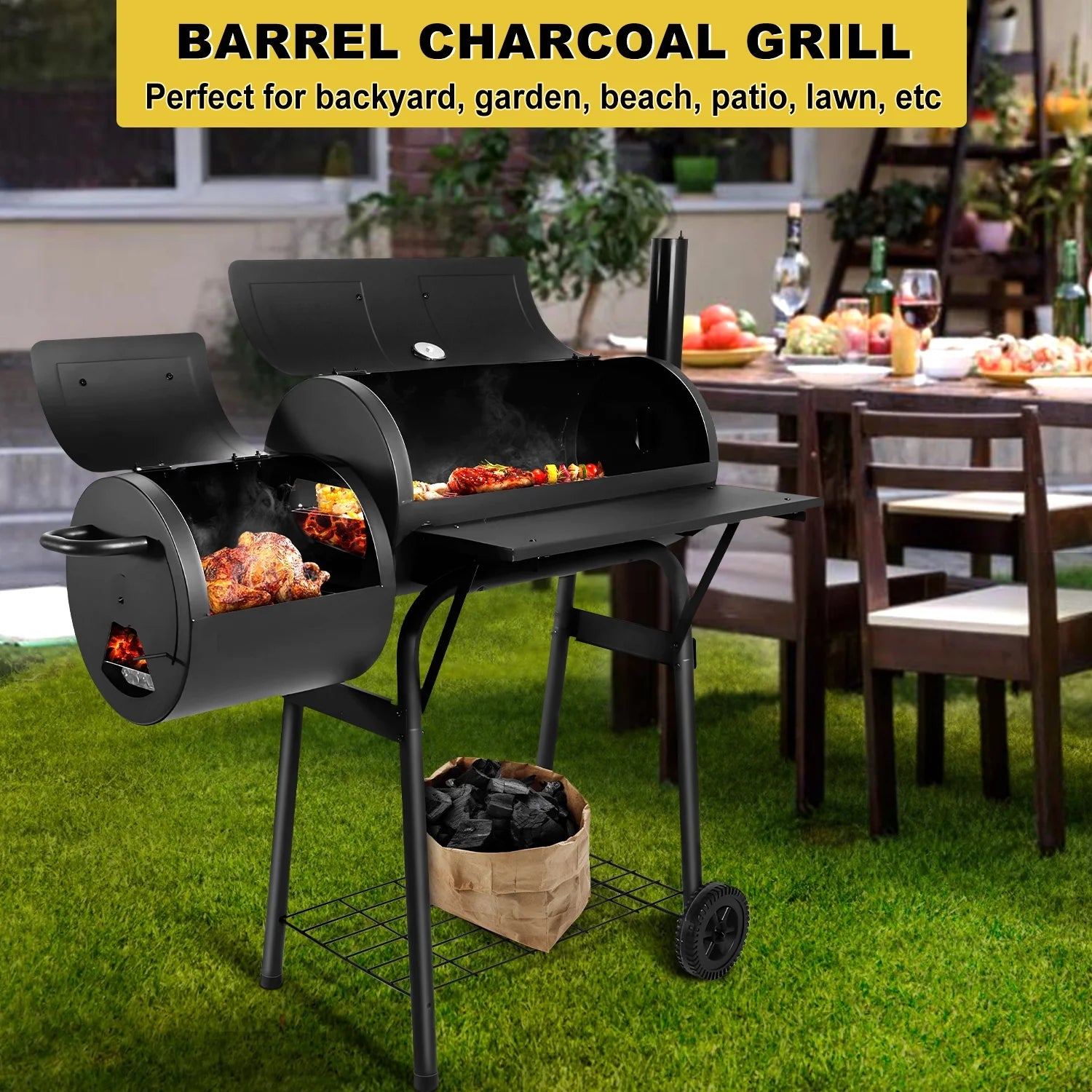 Walchoice Charcoal Grill with Offset Smoker, Barrel BBQ Grill with Wheels, Outdoor Barbecue Grill for Backyard Patio Beach Garden Party, 2 Screwdrivers & 6 Hooks, Black