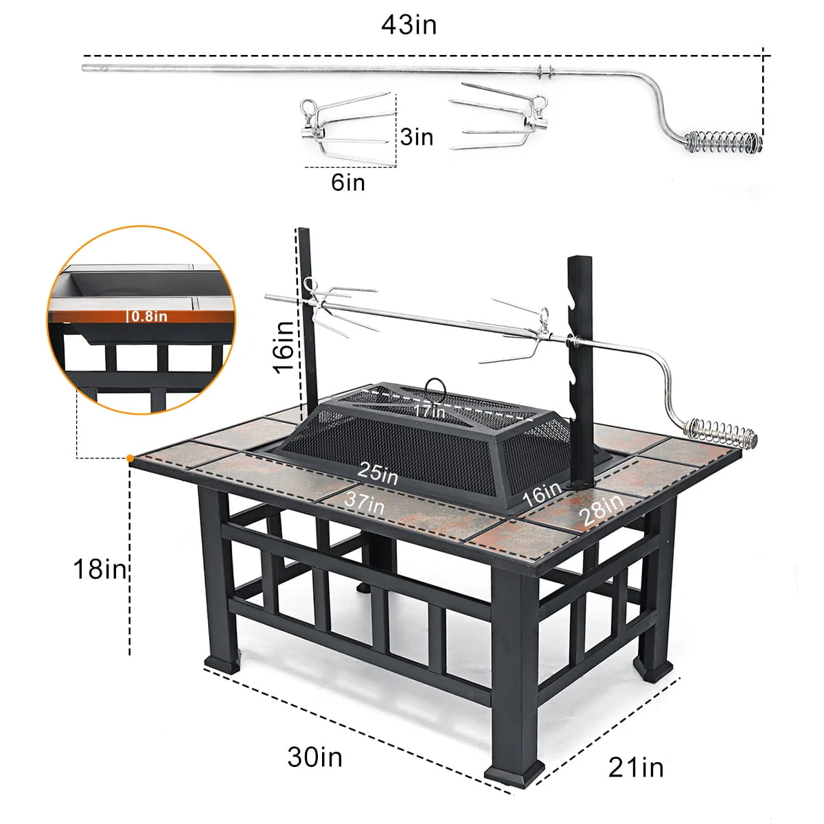 Fire Pits For Outside 37 inch Wood Burning Fire Pit Table With BBQ Grill Cooking Grate Lid Outdoor Fireplace Metal Square Tile Top Firepit Patio Backyard Garden,Black