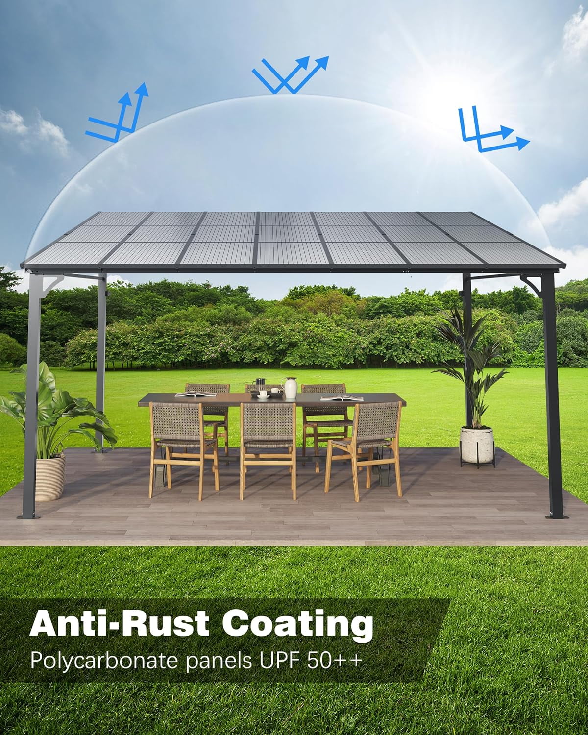 Pinypikaka 10'x12' Outdoor Hardtop Gazebo, Lean-to Pergola With Roof for Lawn Patio Deck Yard Party