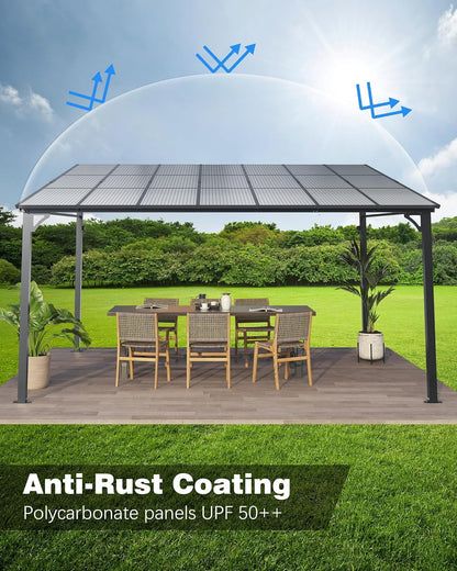 Pinypikaka 10'x12' Outdoor Hardtop Gazebo, Lean-to Pergola With Roof for Lawn Patio Deck Yard Party