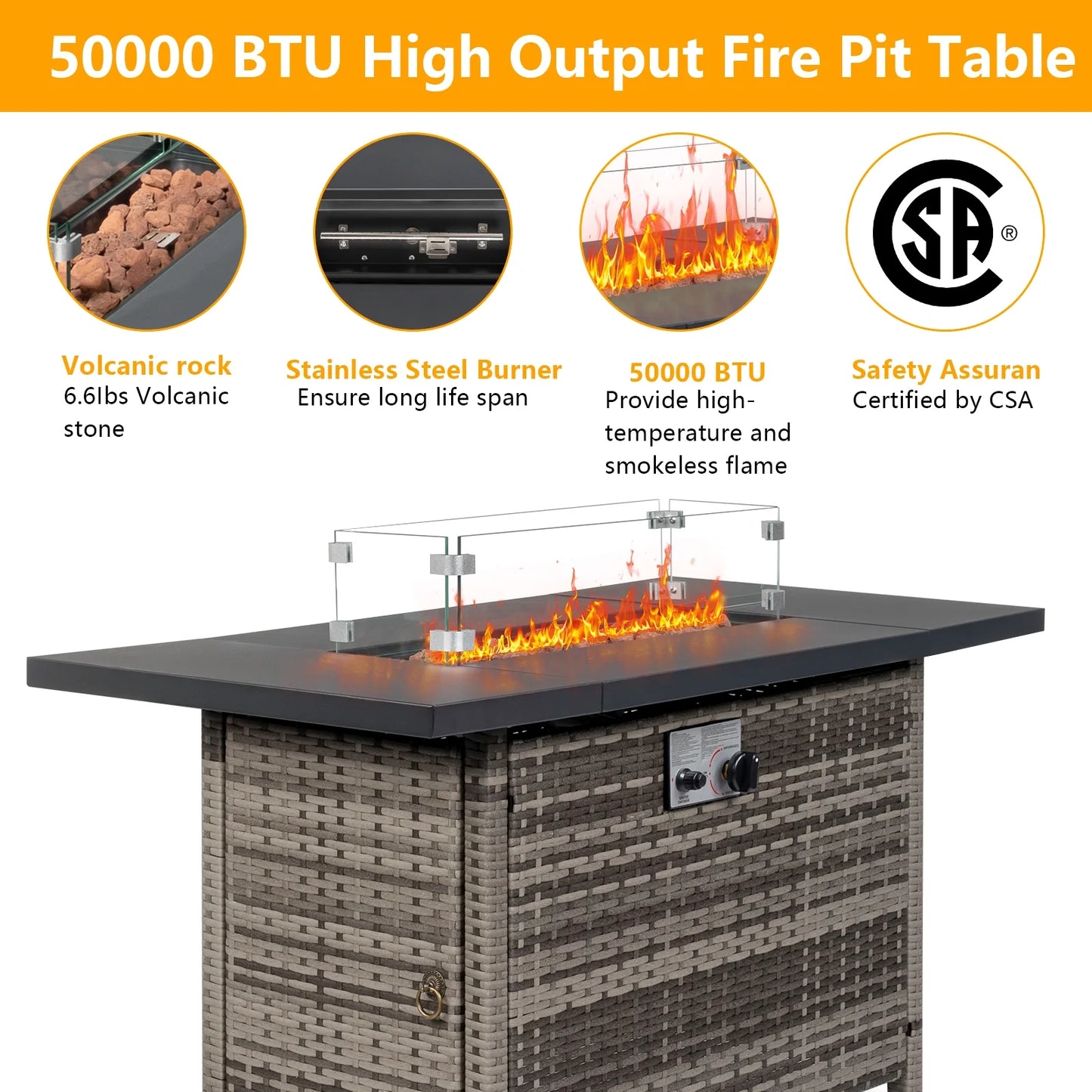 UBesGoo 43" Patio Gas Fire Pit Table, 50,000 BTU Auto-Ignition Fire Tables with Lid, Rain Cover for Outside Garden Backyard Deck Patio Black