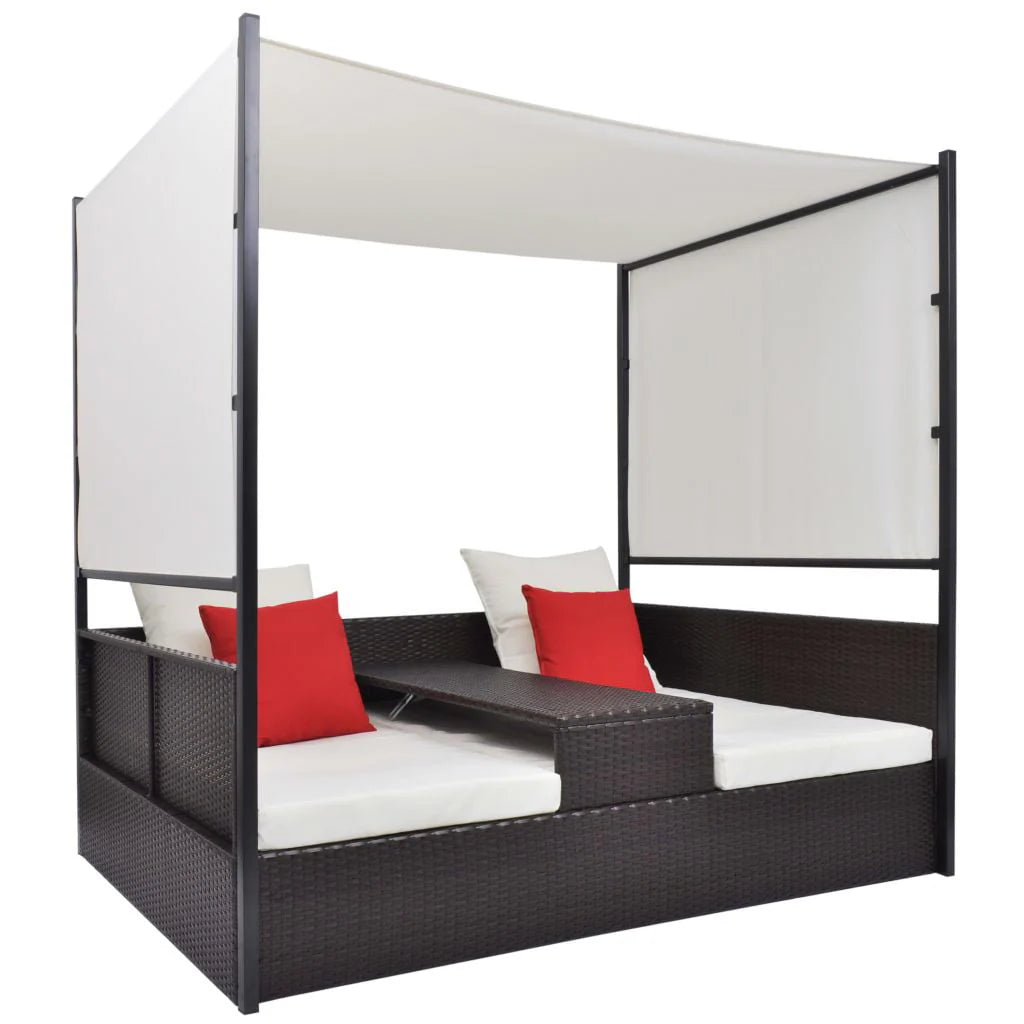 vidaXL Patio Bed Outdoor Patio Double Chaise Lounge with Canopy Poly Rattan