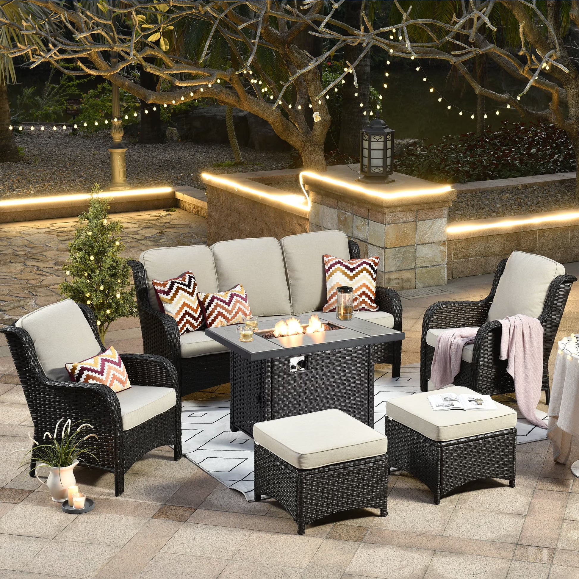 Ovios 6 Pieces Outdoor Furniture with CSA Fire Pit Wicker Patio Conversation Set All Weather Sectional Sofa for Porch